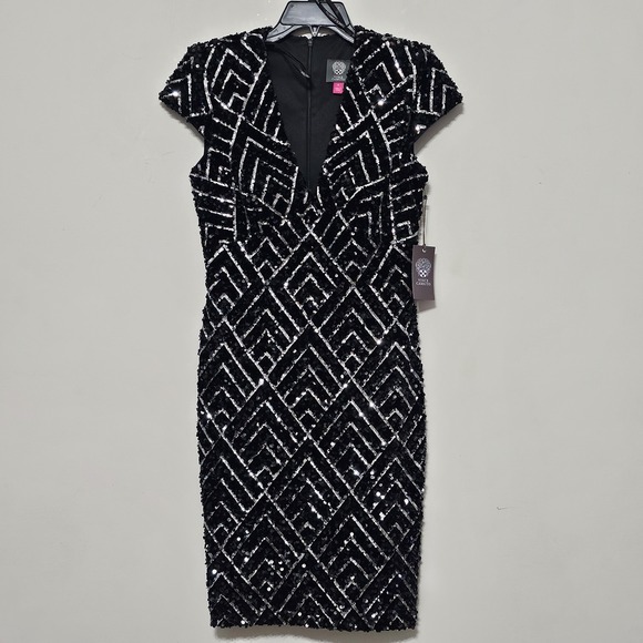 Vince Camuto Women Dress 4 Black Mini Capped Sleeve Deep Vneck Sheath Sequin 748 - Picture 2 of 15
